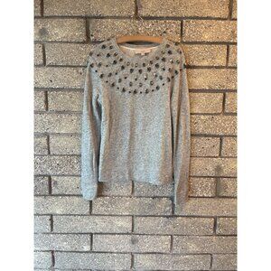 Gray Beaded Loft Sweater With Long Sleeves & Crew Neck